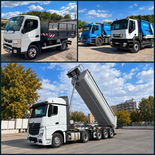 Koláž dopravy kameniva: Mitsubishi Fuso, biele a modré Iveco a Mercedes-Benz Actros so sklápacím návesom