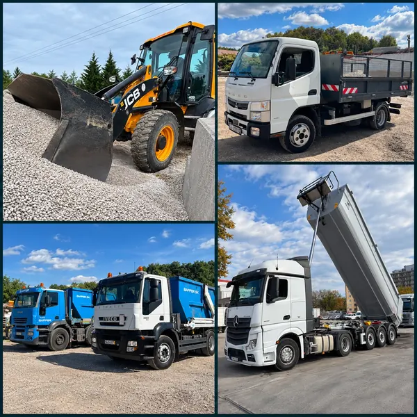 Koláž nakladača pri kamenive, Mitsubishi Fuso, vozidiel Iveco a sklápacej súpravy Mercedes-Benz Actros so zdvihnutým návesom